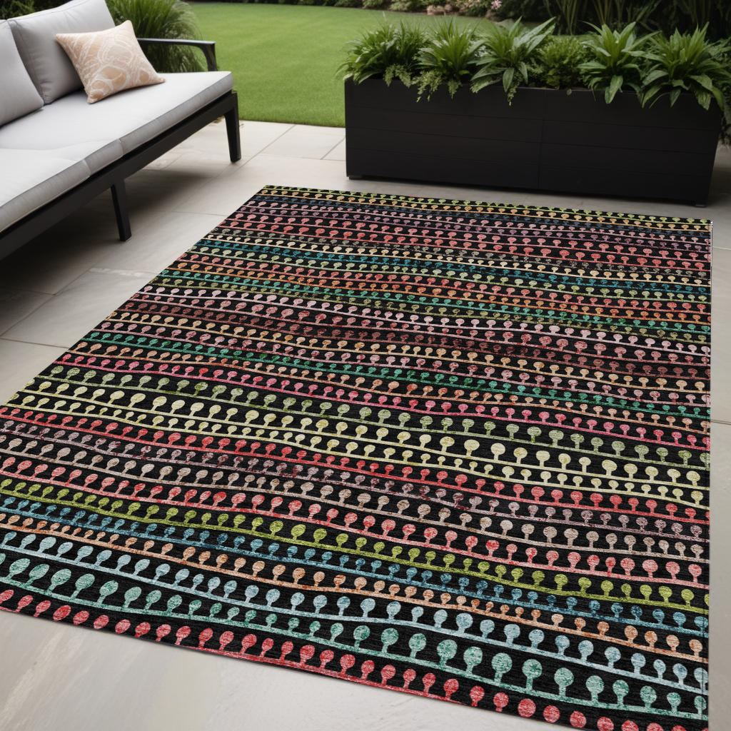 Black Green Gold Striped Indoor Outdoor Washable Rug Size 5x8 Feet Heavy Duty Polyester - Rosetta Creative Boutique